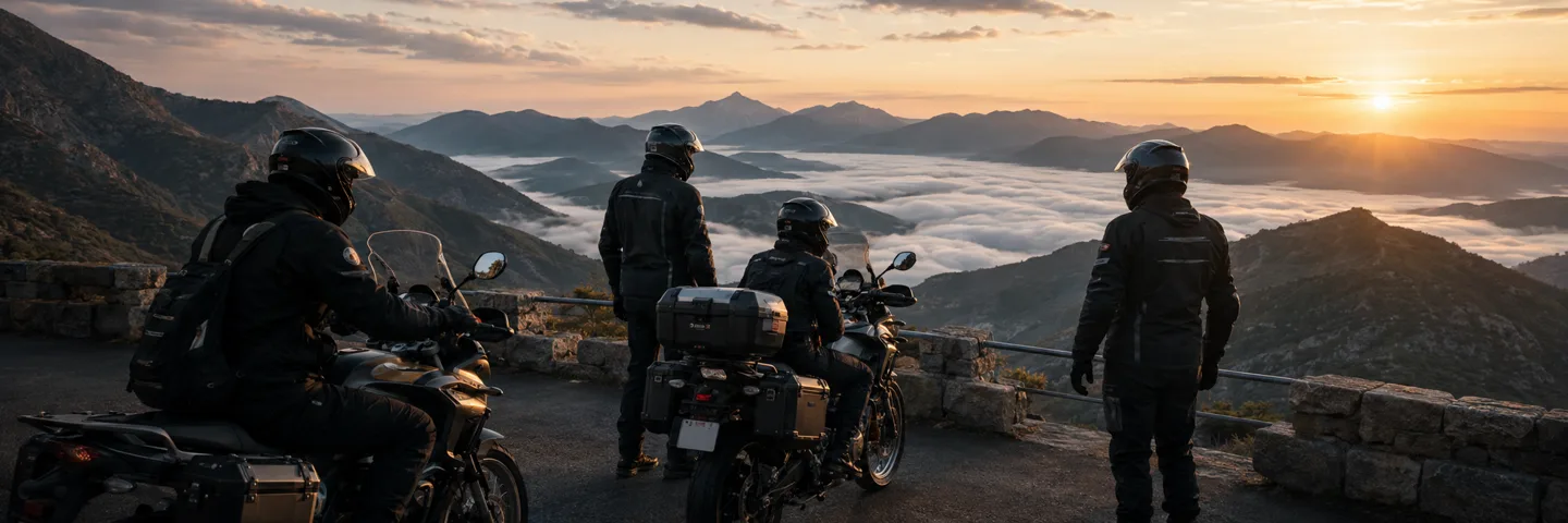 Grupo de motociclistas em um mirante ao amanhecer
