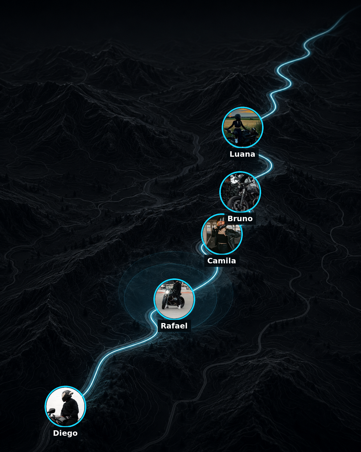 Mapa 3D do TripX com riders Luana, Bruno, Camila, Rafael e Diego ao vivo sobre a rota